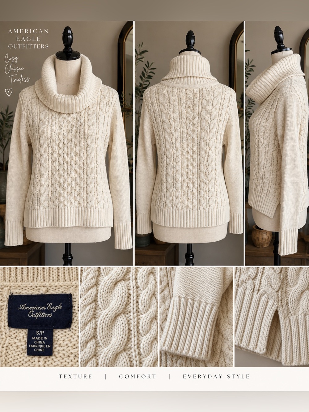 American Eagle Cable Knit Turtleneck Sweater Cream Ivory Size S
